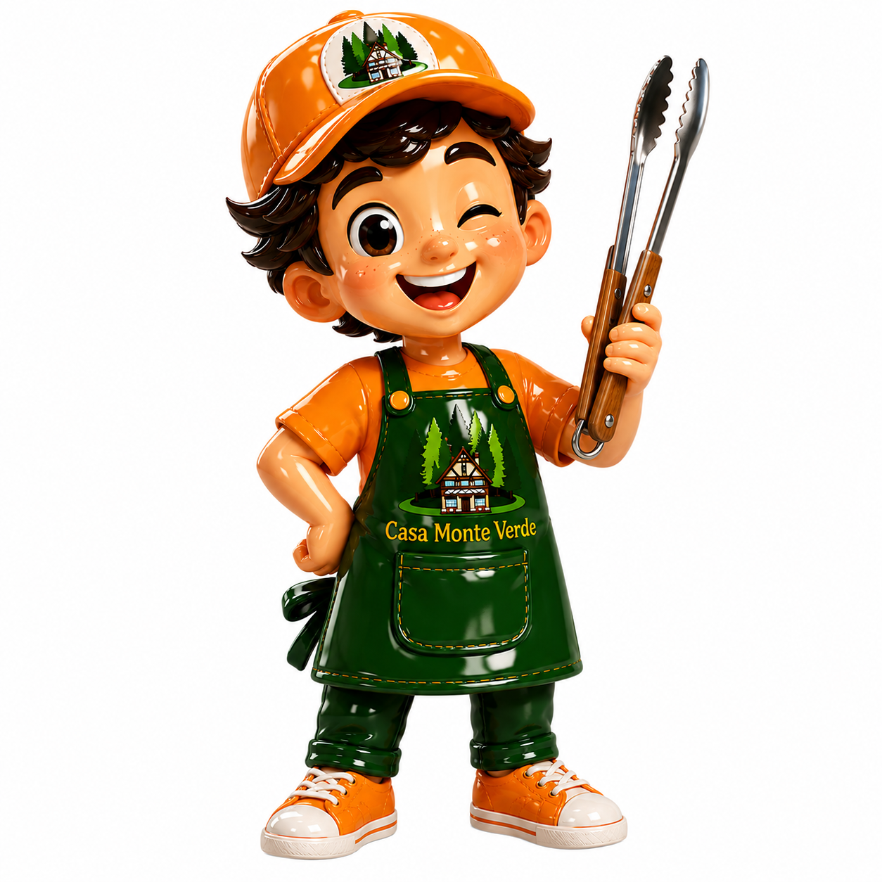 Mascote da Casa Monte Verde, um churrasqueiro com avental verde e boné laranja segurando um pegador de churrasco